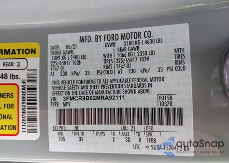 2021 Ford Bronco Sport Big Bend from USA, damaged, VIN 3FMCR9B62MRA92111